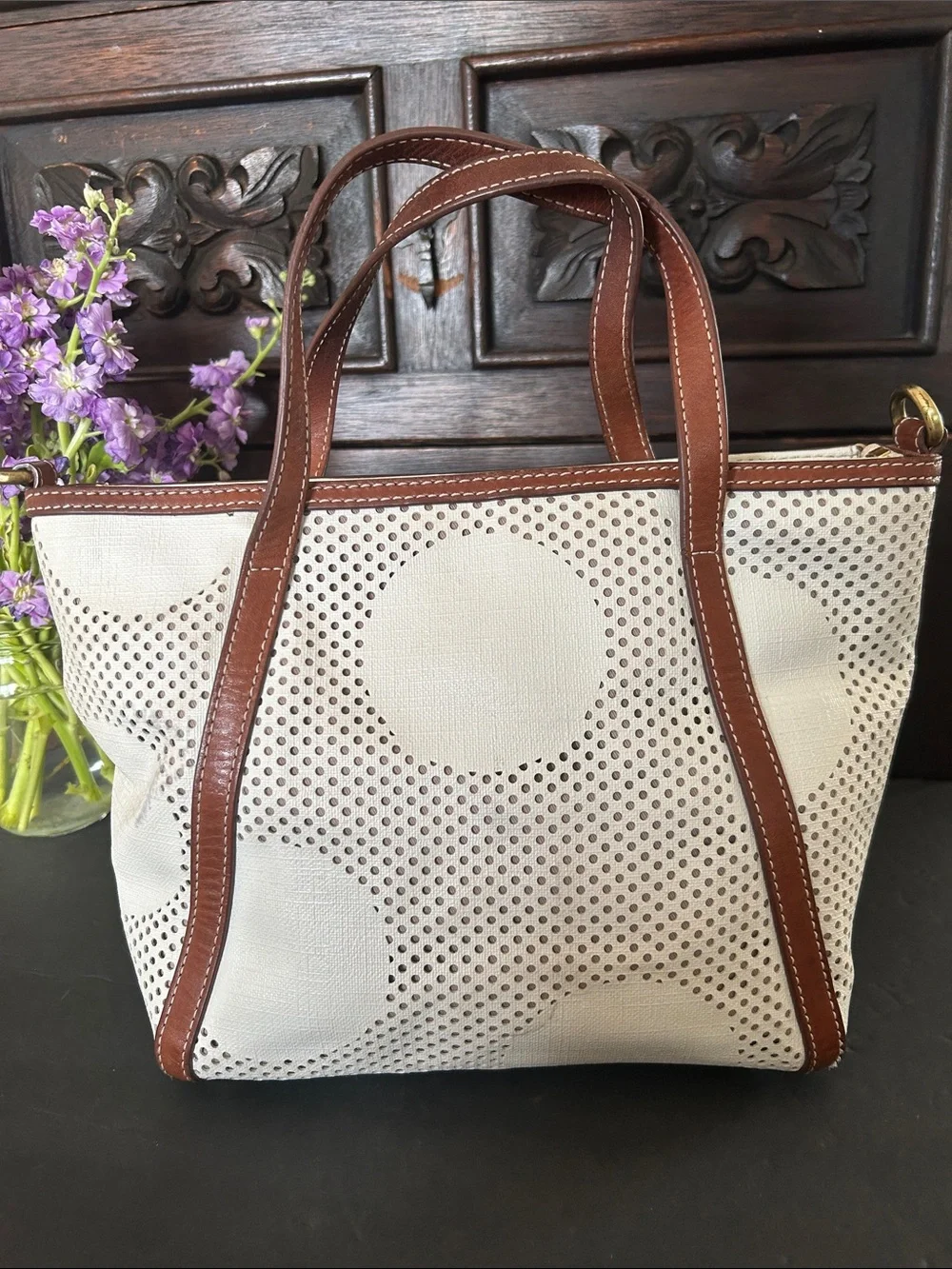 Fossil Cream and Brown Perforated Dot Tote